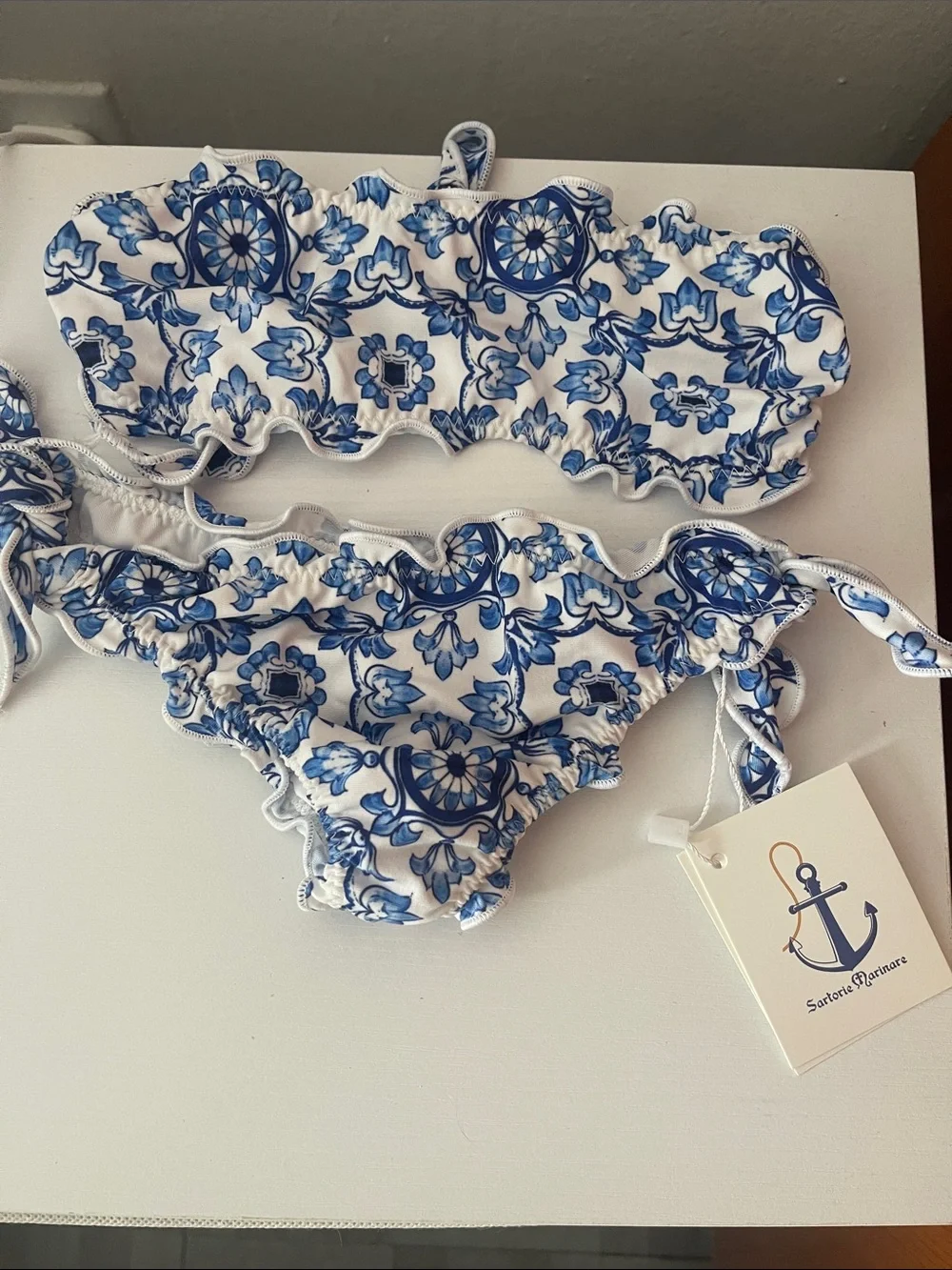 Blue and White Tile Print Kids Bikini by